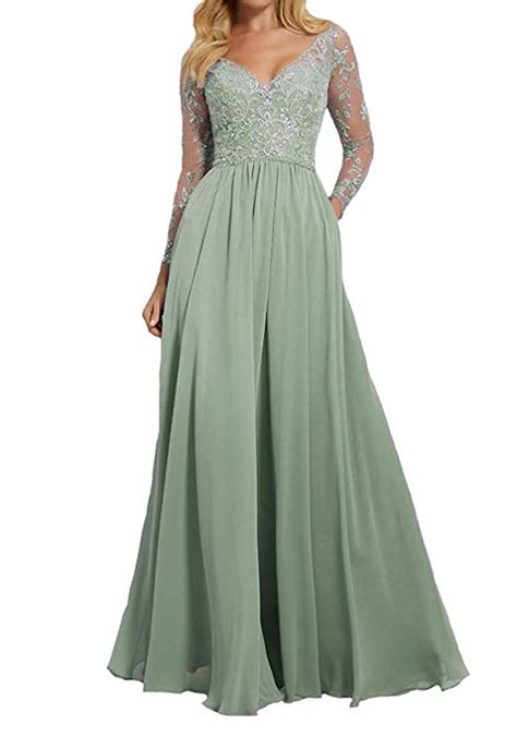 Light Sage Long Lace Bridesmaid Gowns 2019 Long Sleeves Wedding Formal