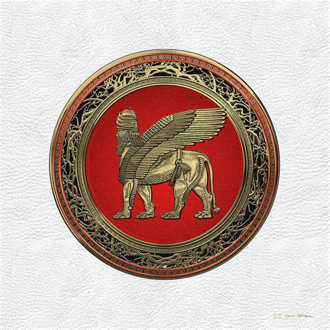 Assyrian Winged Lion Gold Lamassu Over White Leather Digital Art By