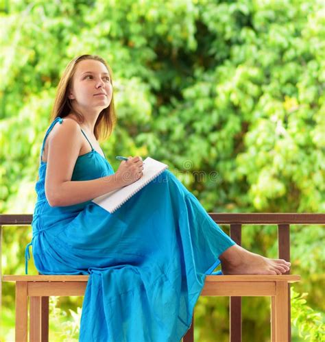 Young Woman Writing To Notebook Outdoor Portrait Stock Photo Image