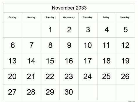 Printable November 2033 Calendar Free Printable Calendars