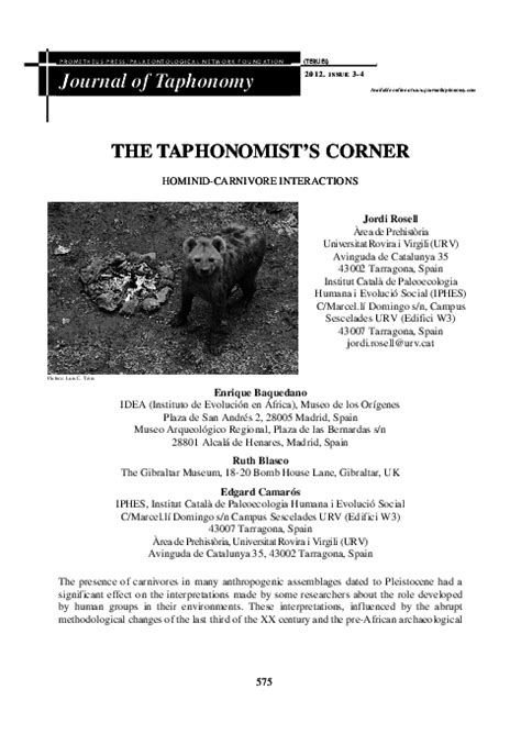 Pdf Hominid Carnivore Interactions Taphonomists Corner Edgard