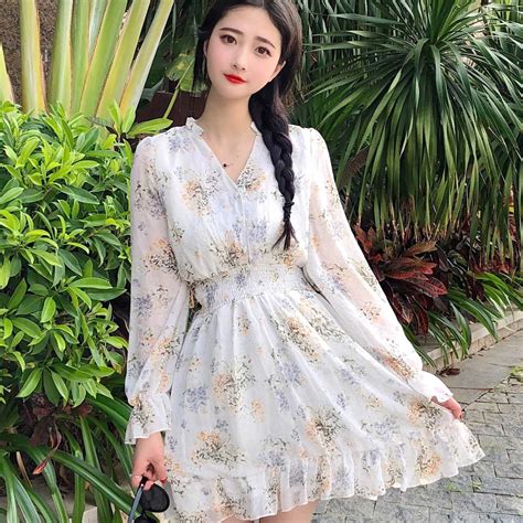 korean cute dress women chiffon ruffle flower vestido floral summer 2019 elegant pink mini long