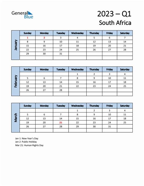 Q1 2023 Quarterly Calendar With South Africa Holidays Pdf Excel Word