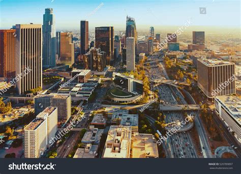 Aerial View Downtown Los Angeles Sunset Stock Photo 520789897