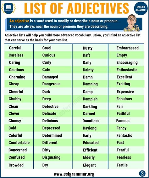 List Of Adjectives Useful Adjectives Examples From A To Z With Exercises ESL Grammar