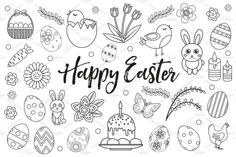 Happy Easter Collection Object Design Element Hand Drawing Outline