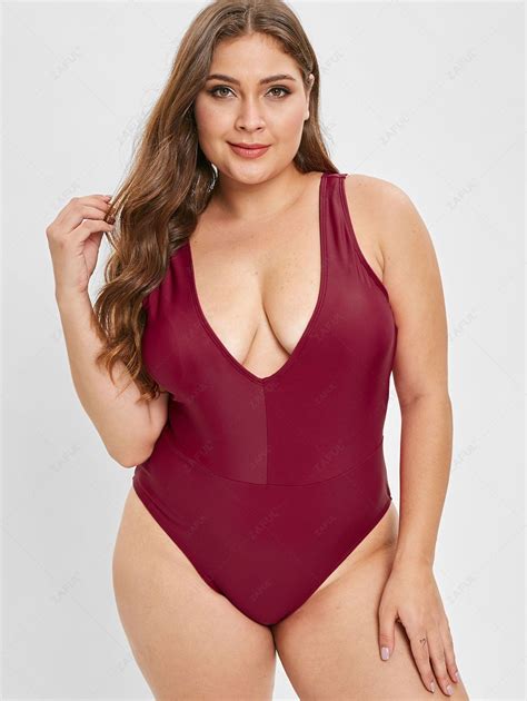 26 Off 2020 Zaful Plunge Plus Size One Piece Swimsuit In Red Wine Zaful