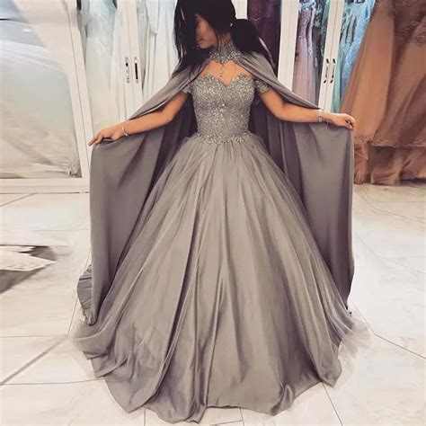 2019 Grey Ball Gown Prom Dresses With Cape Off The Shoulder Appliques