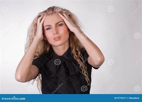 Blond Young Woman With A Pounding Headache Stock Image Image Of Office Black 9776217