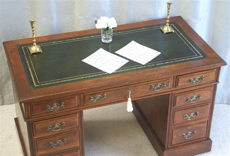 A Small Antique Pedestal Desk With An Excellent New Green Leather Top Hand Tooled And Gilded