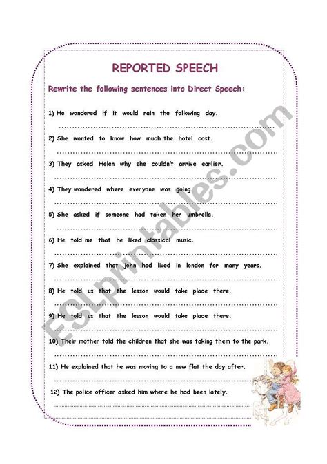 English Worksheets Direct Speech