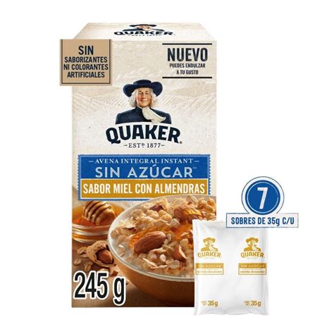 Avena Integral Quaker Instant Sin Azúcar Miel Con Almendras 245 G Walmart