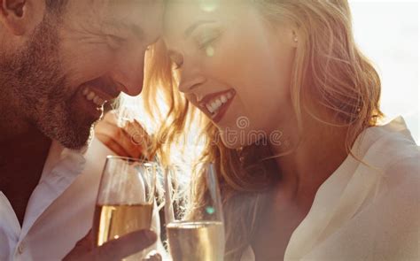 Romantic Couple With Wine Outdoors Stock Image Image Of Happy High