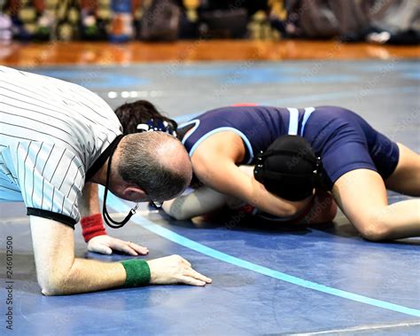 High School Wrestlers Competing At A Wrestling Meet Stock Photo