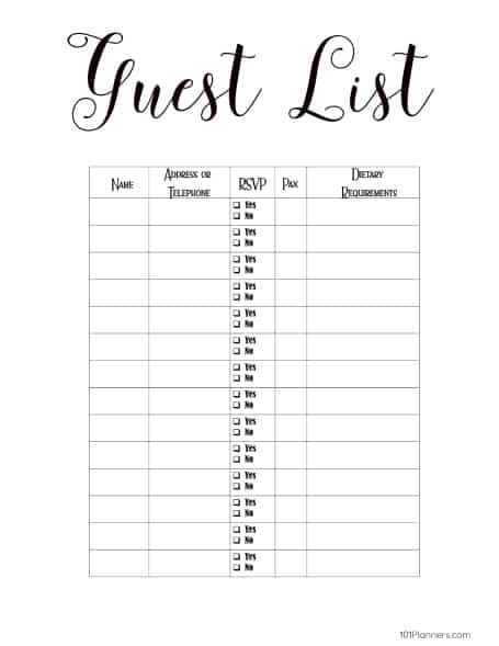 Free Printable Guest List Template Customize Online