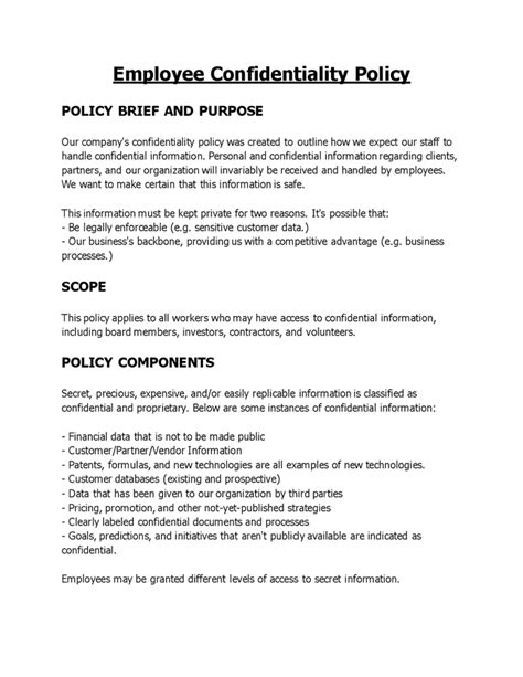 Employee Confidentiality Policy In Word And Pdf Formats