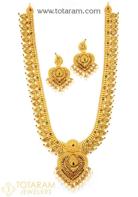 Gold necklace designs in 30 grams: 22K Gold 'Mango' Long Necklace & Earrings Set with Ruby ...