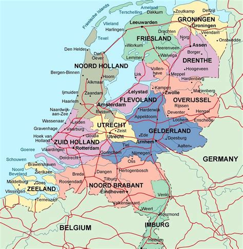 Los países bajos (nombre local, koninkrijk der nederlanden) son un estado de europa occidental, a orillas del mar del norte, entre bélgica y alemania.su nombre, nederlanden (tierras bajas) se debe a que una parte del norte y oeste del territorio del país se encuentra por debajo del nivel del mar. Detallado mapa administrativo de Países Bajos con ...