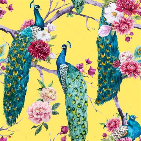 watercolor peacock and flowers pattern — stock vector © zeninaasya 99397004