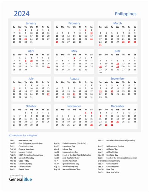 Basic Yearly Calendar With Holidays In Philippines For 2024