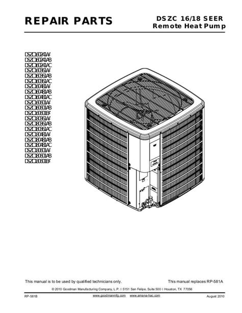 Goodman Air Conditioner Parts Manual Model Dszc160241aa