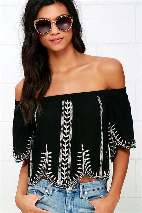 Cute Black Top Embroidered Top Off The Shoulder Top 4800 Lulus