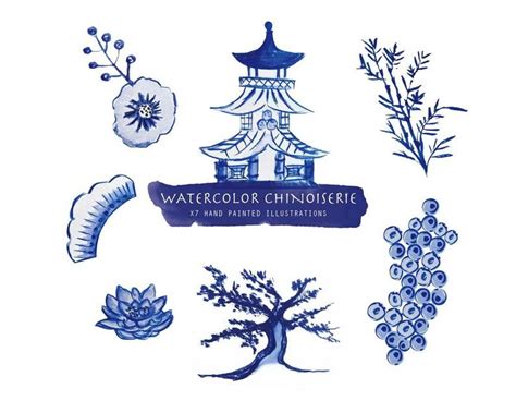 Chinoiserie Clipart Blue China Pattern Watercolour Clipart Etsy