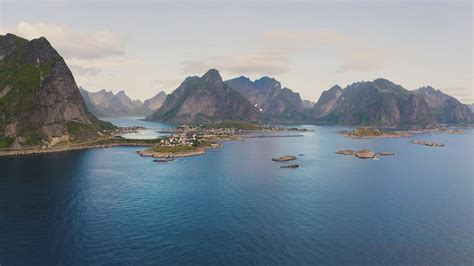 Aerial View Of Reine Village With Mountains And Fjords On Lofoten