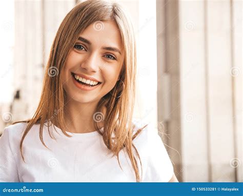 beautiful smiling blond model dressed in summer hipster clothes stock image image of chic