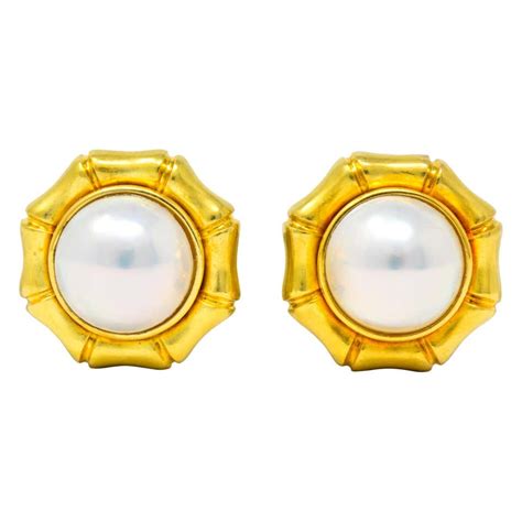 Tiffany And Co Mabe Pearl 18 Karat Gold Bamboo Earrings For Sale At