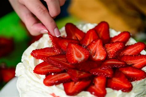Process Of Decorating Cake With Fresh Strawberries Stock Image Image