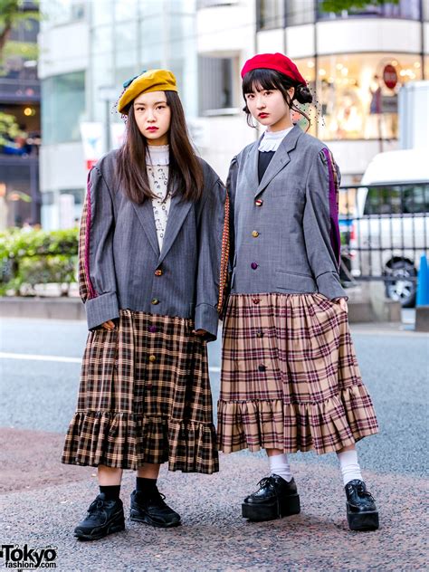 Heihei Harajuku Girls In Plaid Streetwear Styles W Blazer Plaid Skirt Dress Veil Berets