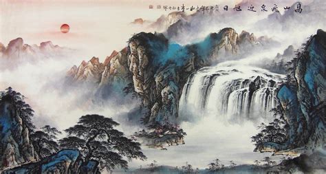 Morning In Mountains With Waterfall Landscape Chinese Ink Brush