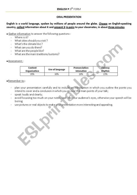 English Worksheets Oral Presentation Guidelines 9th Grade