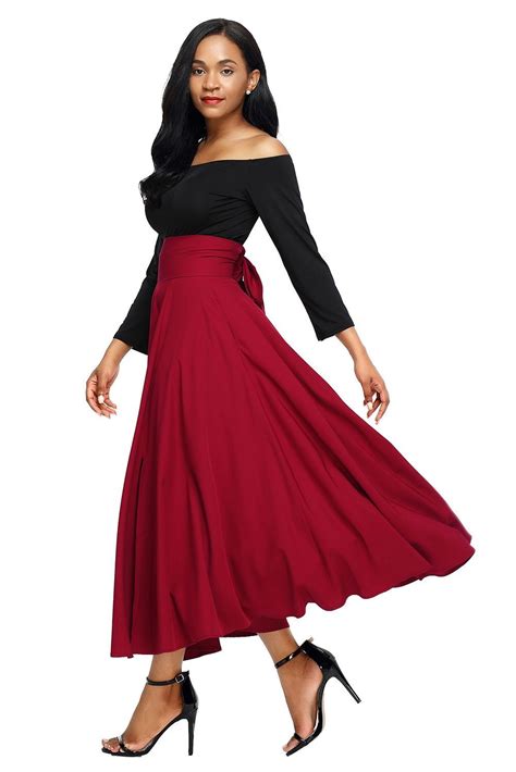 Sexy Red Retro High Waist Pleated Belted Maxi Skirt High Waisted Pleated Skirt High Waisted