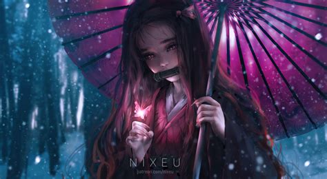 Anime Girls Kamado Nezuko Kimetsu No Yaiba Umbrella Butterfly Snow Blue