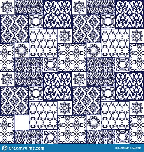 Seamless Patternwith Oriental Motif Blue Patchwork Background Stock