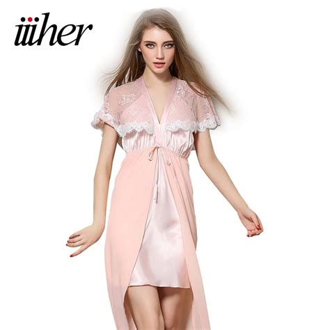 Iiiher Satin Chiffon Women Nightgowns Summer Nightdress Sheer Chemises Nightshirt Lace Sleepwear
