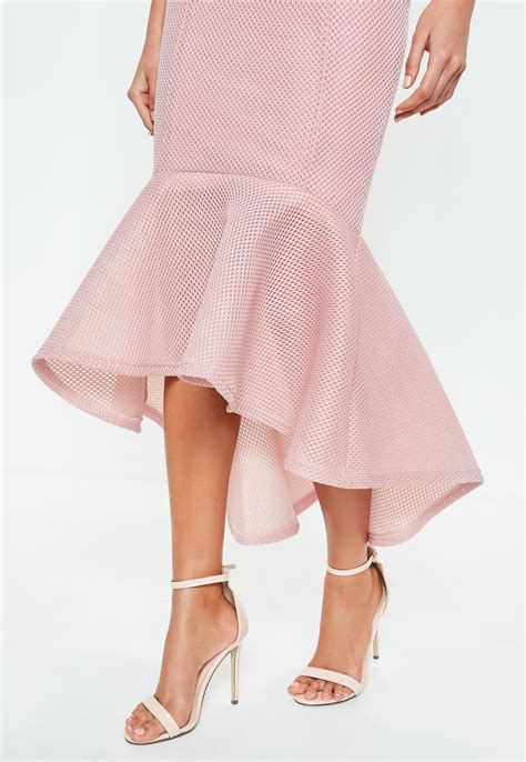 Missguided Synthetic Pink Bardot Fishtail Midi Dress Lyst