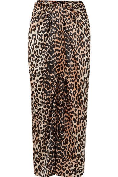 Ganni Tie Front Leopard Print Silk Blend Satin Midi