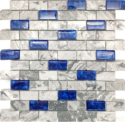 Buy Stone Mix Glass 1x2 Subway Tile Polished Gray And Royal Blue Mosaic For Kitchen Backsplash And