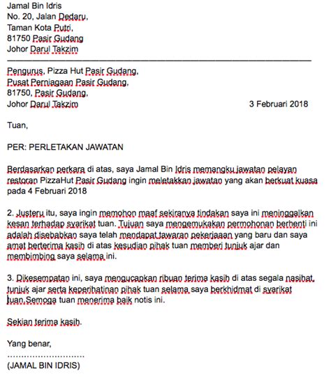 Contoh Surat Berhenti Kerja Notis Sebulan Dalam Bahasa