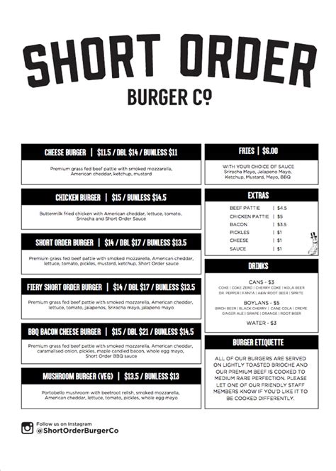 Short Order Burger Co Menu Menu V Reštaurácii Short Order Burger Co