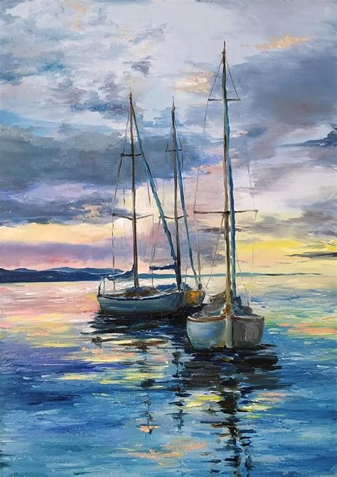 Sailboat Large Oil Painting Sailing Boat At Sunset Seascape Etsy In