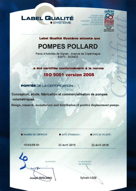 Pollard Pumps Certifications Iso Atex En15085