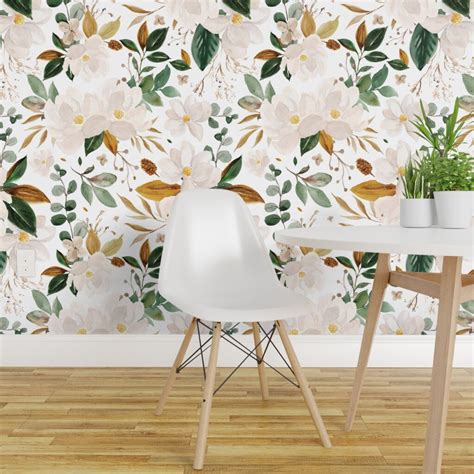 Peel And Stick Wallpaper 2ft Wide Gold Floral Magnolias Flowers White