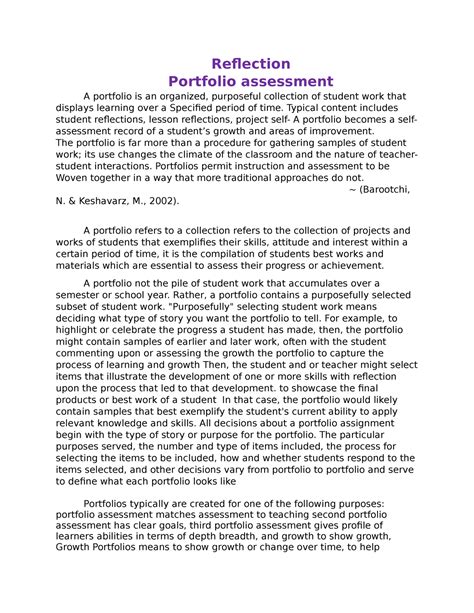 Portfolio Assessment Reflection Portfolio Assessment A Portfolio Is