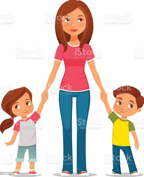Cartoon Illustration Of Mother With Two Children Stock Vector Art