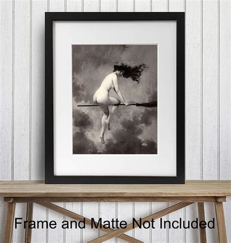 Vintage Goth Home Decor Nude Naked Witch On Broomstick Wall Art Creepy Spooky Halloween Gift