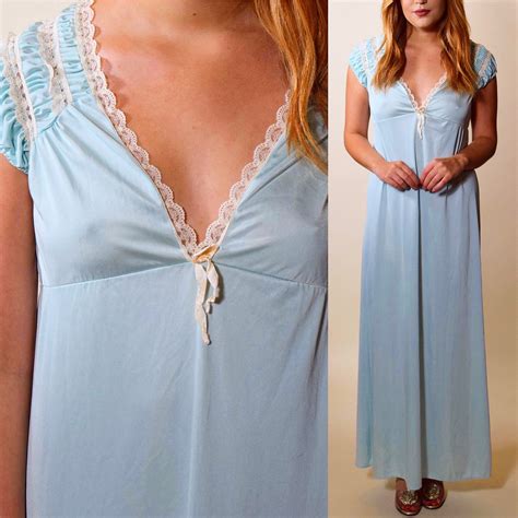 1960s vintage light blue nylon nightgown with lace detail women s size small